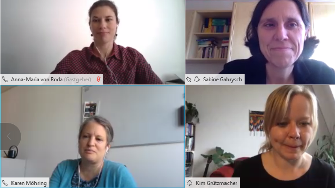 Screenshot einer Telefonkonferenz über One Health: Dr. Anna-Maria von Roda, Prof. Sabine Gabrysch, Karen Möhring und Dr. Grützmacher.