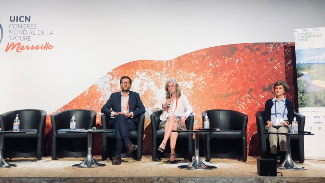 KfW executive board member Christiane Laibach with Bertrand Walckenaer (Vice-CEO of AFD) and Julia Miranda Londoño from IUCN