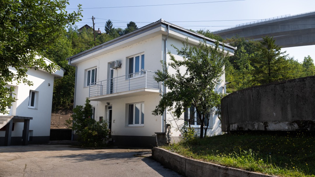 Two white houses among trees