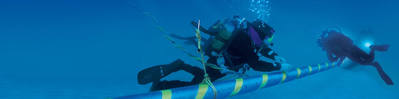 Two divers underwater next to a cable.