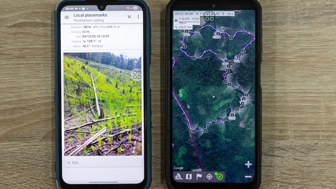 Zwei Smartphones - Links: Foto von abgeholzter Waldfläche, Rechts: Track der Waldschützer