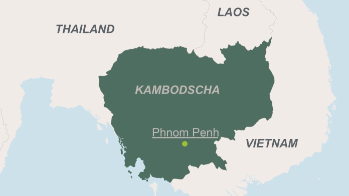 Landkartenausschnitt Kambodscha mit der Hauptstadt Phnom Penh