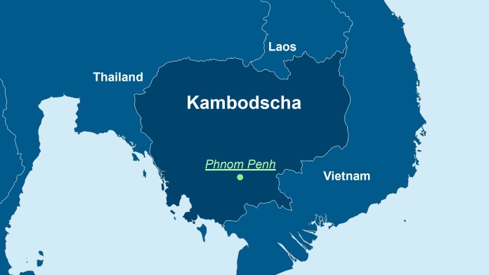 Landkartenausschnitt Kambodscha mit der Hauptstadt Phnom Penh