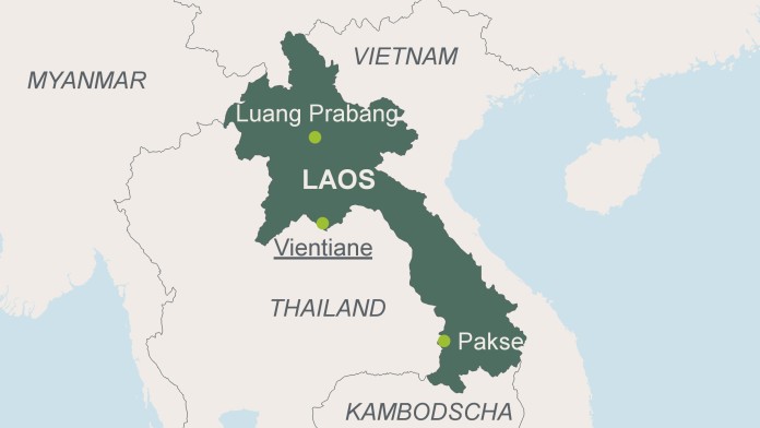 Landkartenausschnitt Laos mit der Hauptstadt Vientiane