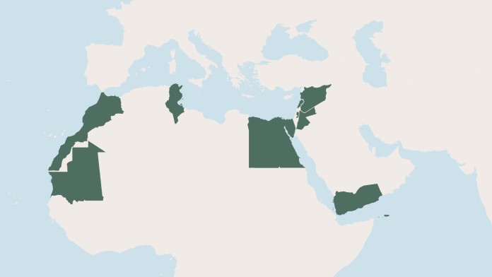 Eine Landkarte Nordafrikas und Nahost mit den Partnerländern der KfW