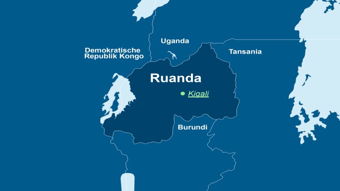 Karte von Ruanda, der Hauptstadt Kigali und den Nachbarländern.