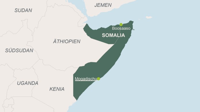 Karte von Somalia mit Haupstadt Mogadischu und Boosaaso, sowie Nachbarländer