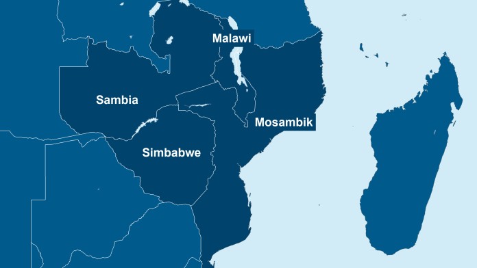 Karte von Sambia, Simbabwe, Malawi und Mosambik