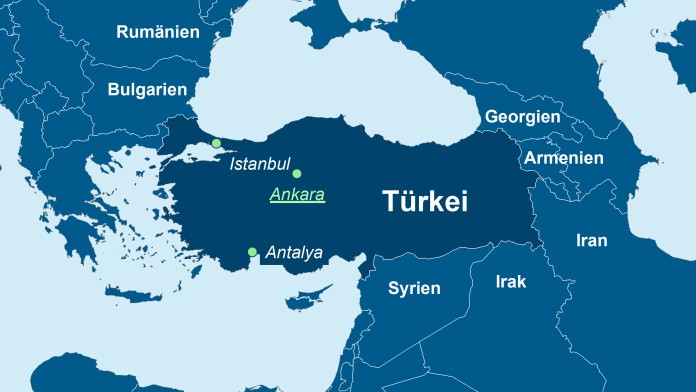 Landkarte der Türkei mit der Hauptstadt Ankara und den Nachbarländern.