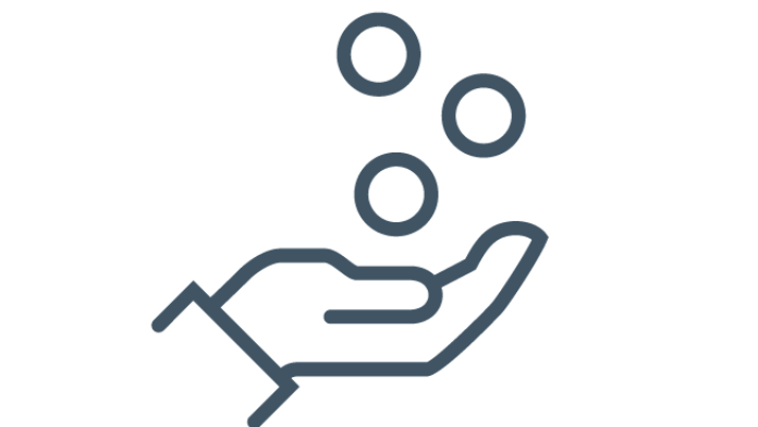 Ein Logo mit einer Hand, die nach oben zeigt, mit drei Kugeln, die über die Hand schweben