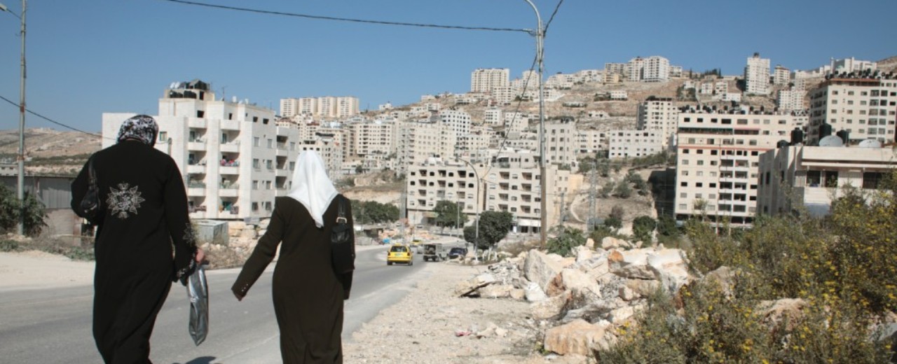 A woman and a man walking towards a city