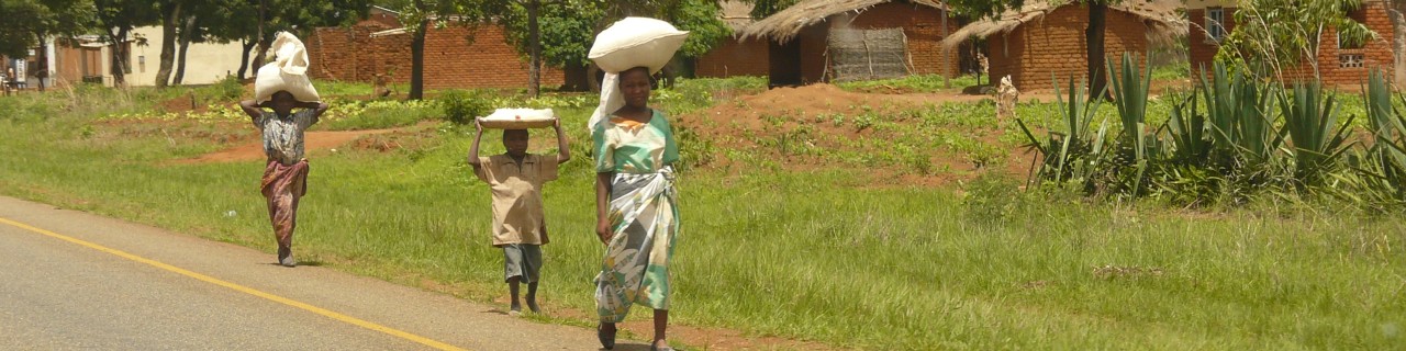 Zwei Frauen und ein Kind tragen Säcke mit Nahrungsmitteln auf dem Kopf. 