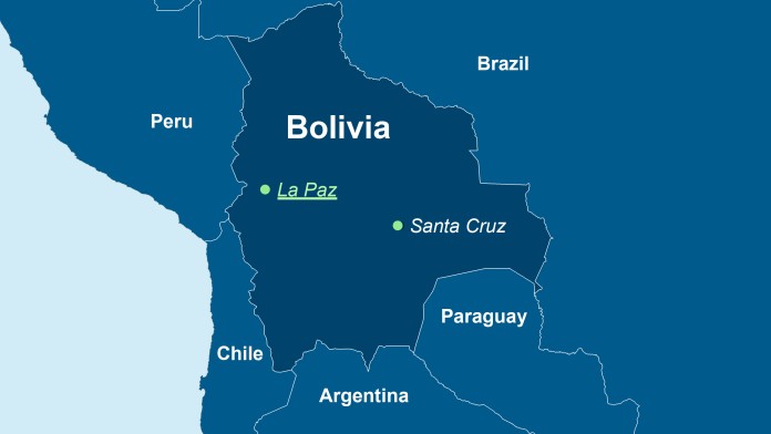 Map of Bolivia, the City Santa Cruz and its neighbouring countries