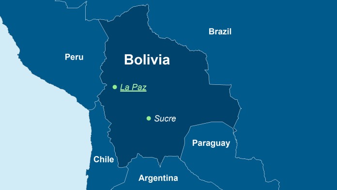 Karte von Bolivien, der Hauptstadt Sucre und den Nachbarländern.