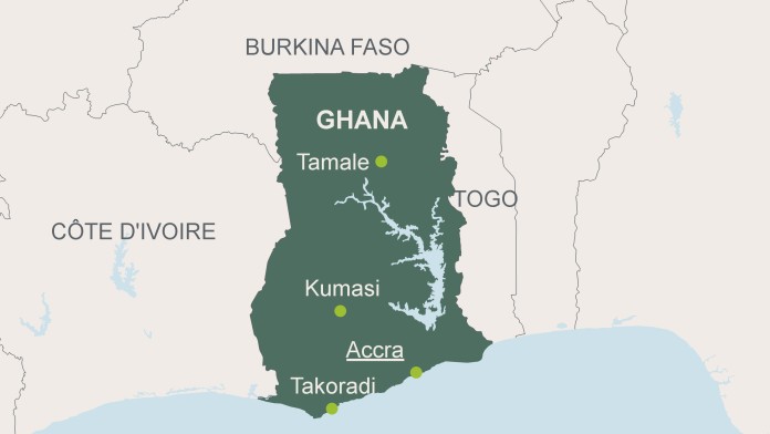 Landkarte von Ghana mit der Hauptstadt Accra