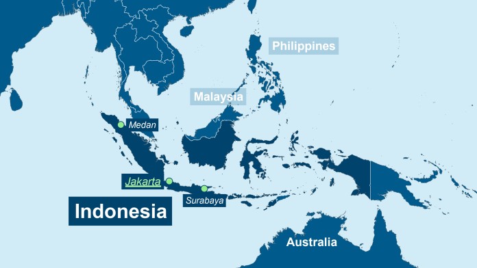 Map of Indonesia, the capital Jakarta and the neighboring countries.