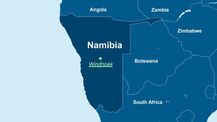 Landkarte Namibia mit der Hauptstadt Windhoek und der Nachbarländer.