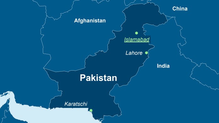 Landkarte von Pakistan mit der Hauptstadt Islamabad und den Nachbarländern.