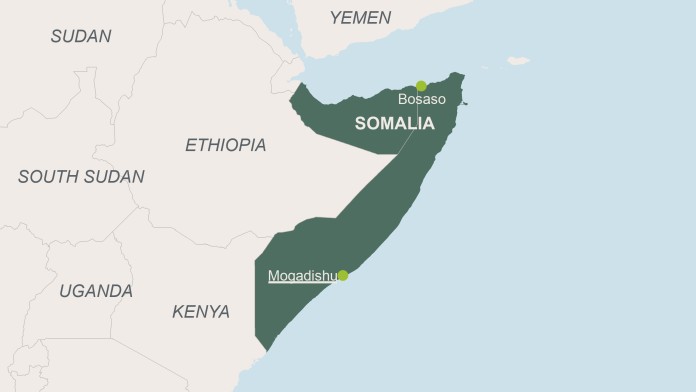Map of Somalia with capital city Mogadischu and Boosaaso, as well as neighboring countries