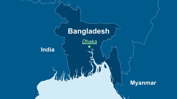 Map of Bangladesh with capital Dhaka and the neighboring countries.