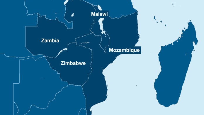 Karte von Sambia, Simbabwe, Malawi und Mosambik