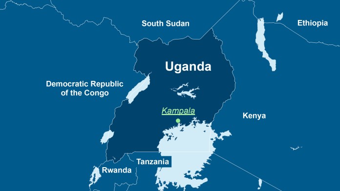 Karte von Uganda, der Hauptstadt Kampala und seinen Nachbarländern.