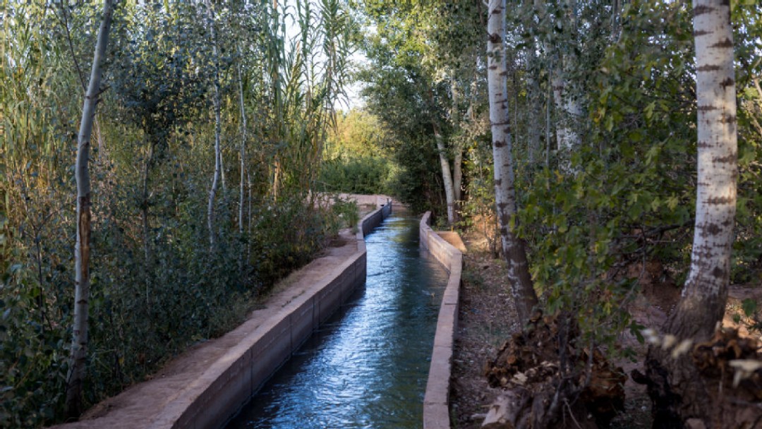 Ein Fluss mit Mauer, rechts und links Bäume