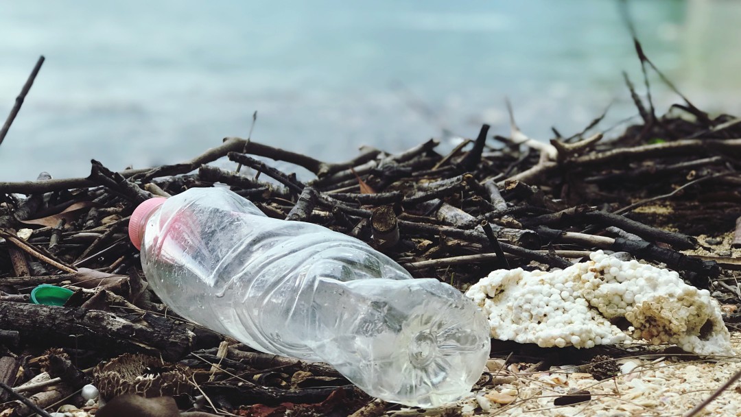Eine Plastikflasche liegt an einem Strand