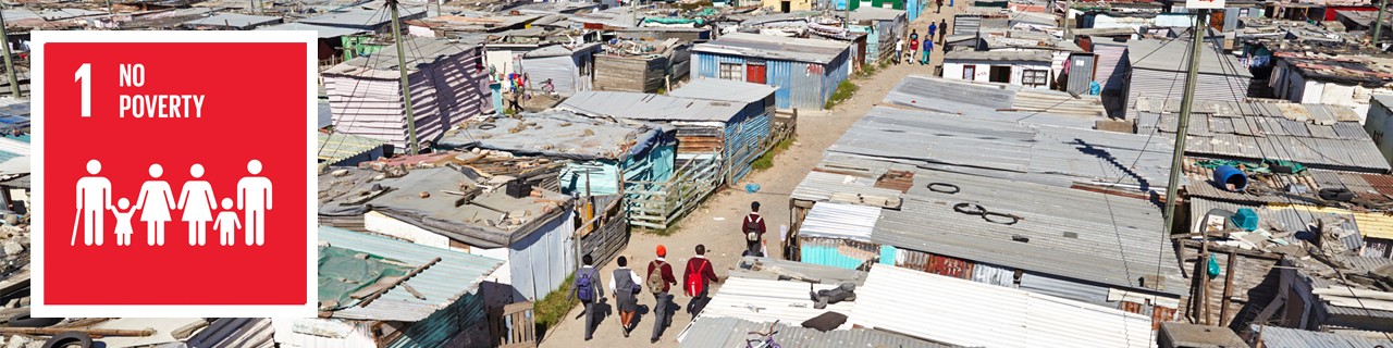 Children walking through a slum, next to the picture is the icon of SDG 1 "No poverty"