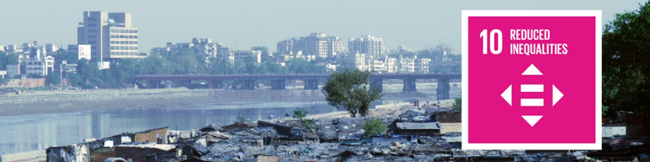 A slum, next to the picture is the icon of SDG 10 – Reduce inequality within and among countries