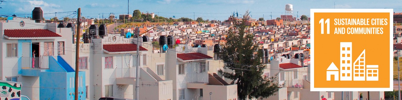A large, sustainable housing estate, next to the SDG11 icon: "Sustainable cities and municipalities".