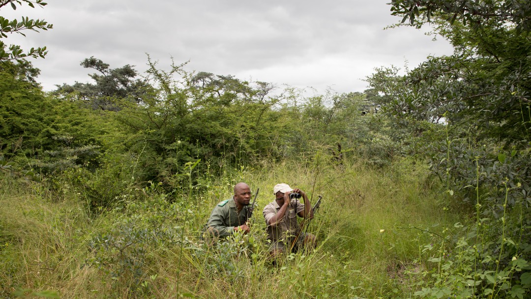  Namibia, Bwabwata National Park, Parkchef Mudumu Warden Willem Ponahazo und ein Ranger sitzen im Gras des Parks