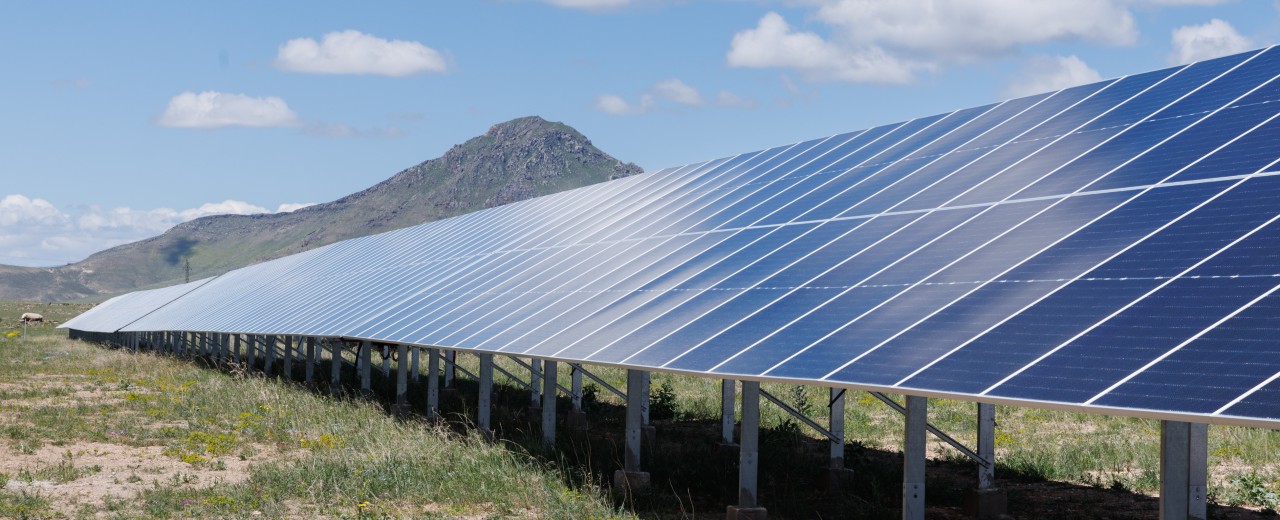 Long row of solar panels 