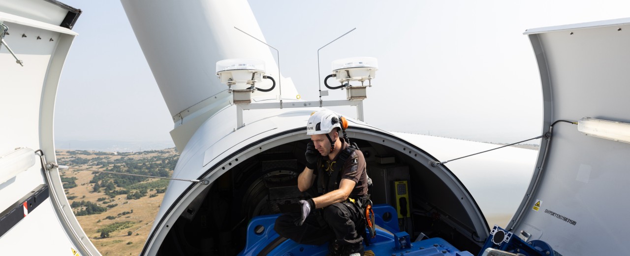 Technician works on a wind turbine
