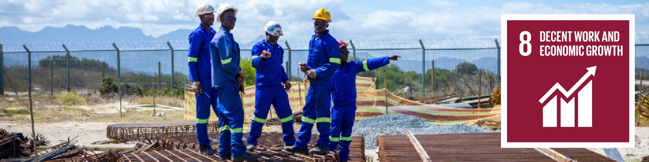 African construction workers on a building site, next to them SDG 8 icon: Decent work and economic growth