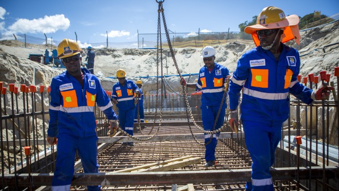 Workers at the construction site for the expansion of the Zandvleit wastewater treatment plant in Cape Town