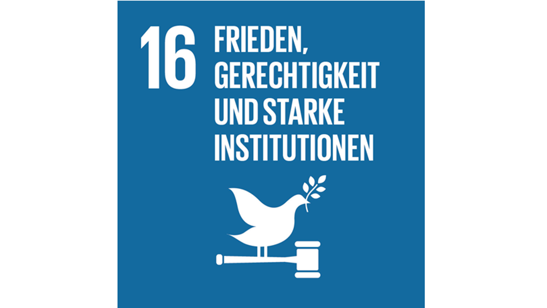 Das Logo des 16. nachhaltigen Ziels der Vereinten Nationen: Frieden, Gerechtigkeit und starke Institutionen