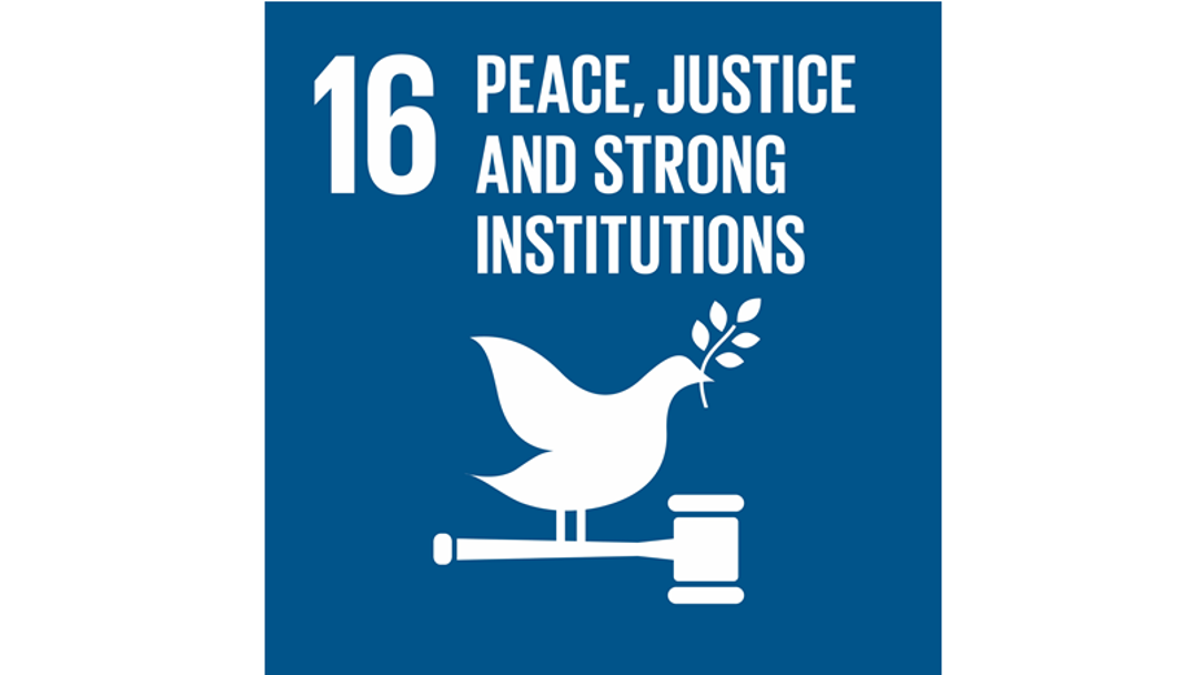 A graphic of United Nation's sixteenth Sustainable Development goal: Peace, Justice and Strong Institutions