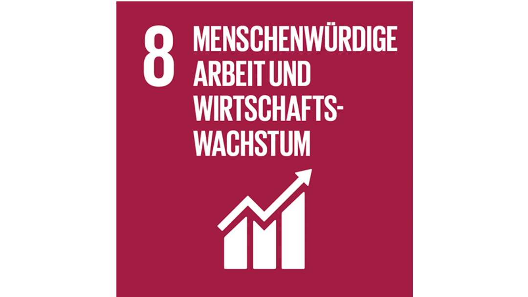 Das Logo des 8. nachhaltigen Ziels der Vereinten Nationen über menschenwürdige Arbeit und Wirtschaftswachstum