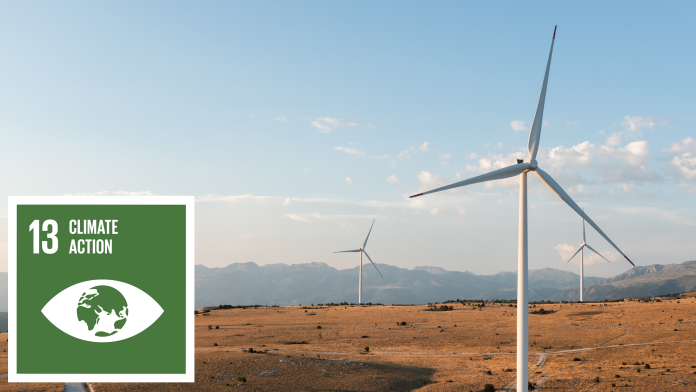 Wind wheels on a hill, next to that the SDG 13 icon: Climate Action