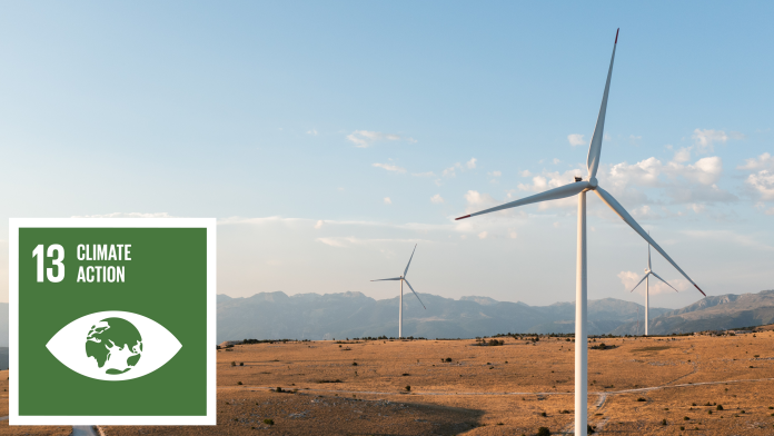 Aerial view of a solar power plant in Marocco, next to that the SDG 13 icon: Climate Action