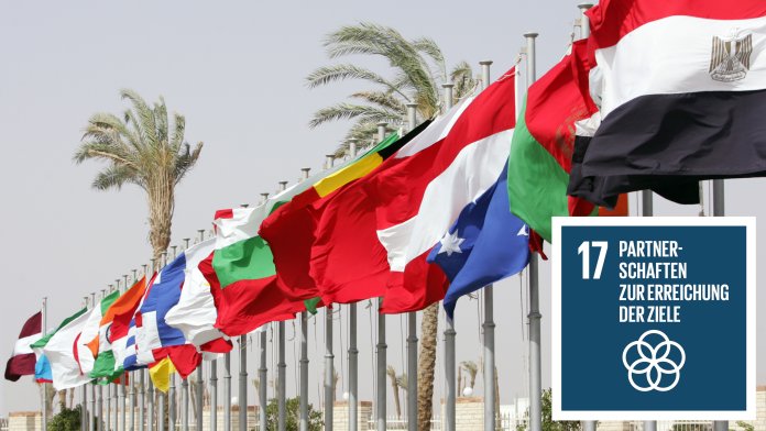 Verschiedene Flaggen, daneben das Icon zu SDG 17 - Partnerschaften zur Erreichung der Ziele