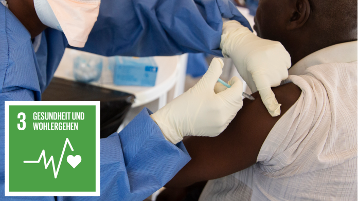 Laborantin füllt mit Pipette eine Flüssigkeit ins Reagenzglas, daneben das icon von SDG 3: Gesundheit und Wohlergehen
