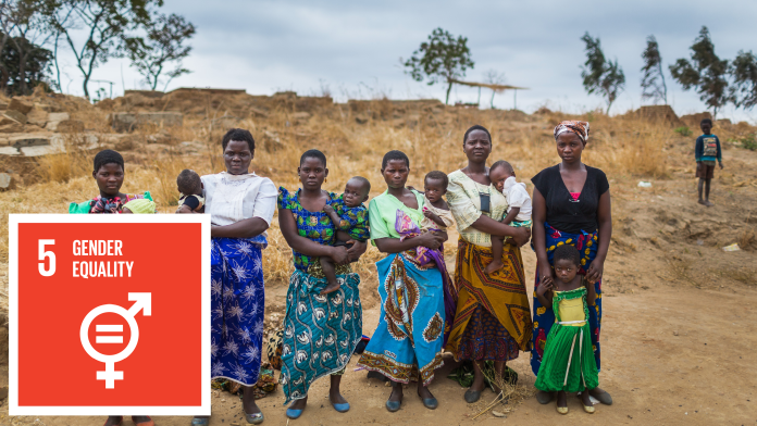 Group of women holding children on their arms, next to it the SDG 5 icon: Gender Equality