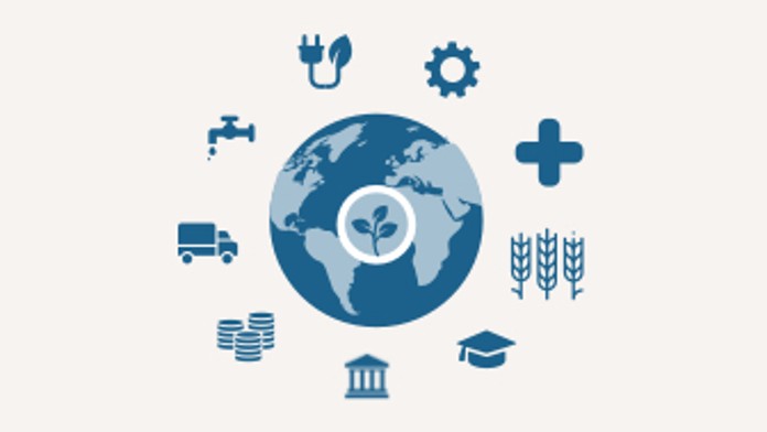 Graphic representation of a globe with symbols relating to sectoral origin