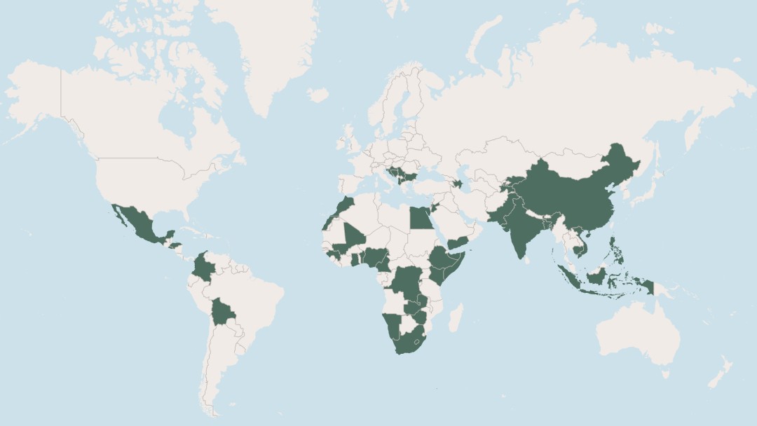 World map with partly coloured countries