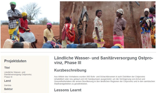 Screenshot der Benutzeroberfläche der Ideal-App, zu sehen sind Informationen und Bilder zu einem Trinkwasserprojekt in Sambia