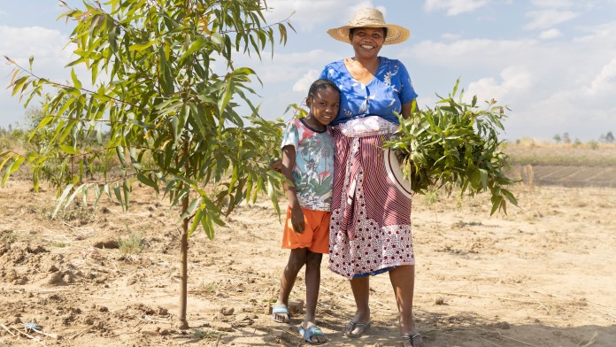 Mother and child next to a young tree