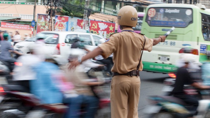 A traffic policeman in China regulates road traffic
